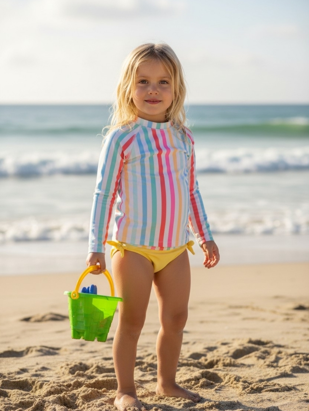 wonder nation Kids Long-Sleeve Rainbow Stripe Rash Guard with Yellow Bottoms